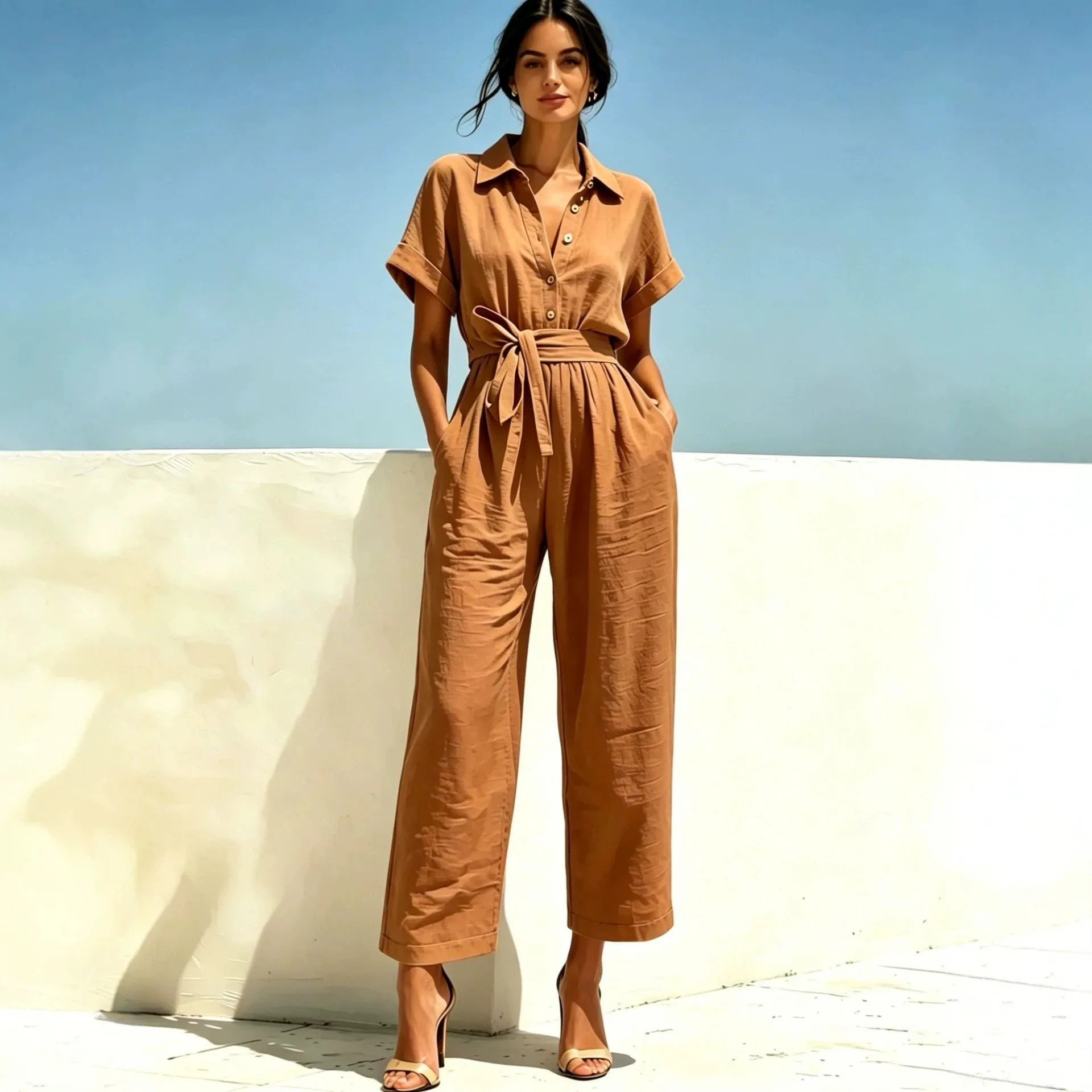 Summer Women Jumpsuit Shirt Collar Button Front Romper Tie Waist Solid Color Wide Leg Pants Casual Overalls For Woman
Summer Women Jumpsuit Shirt Collar Button Front Romper Tie Waist Solid Color Wide Leg Pants Casual Overalls For Woman