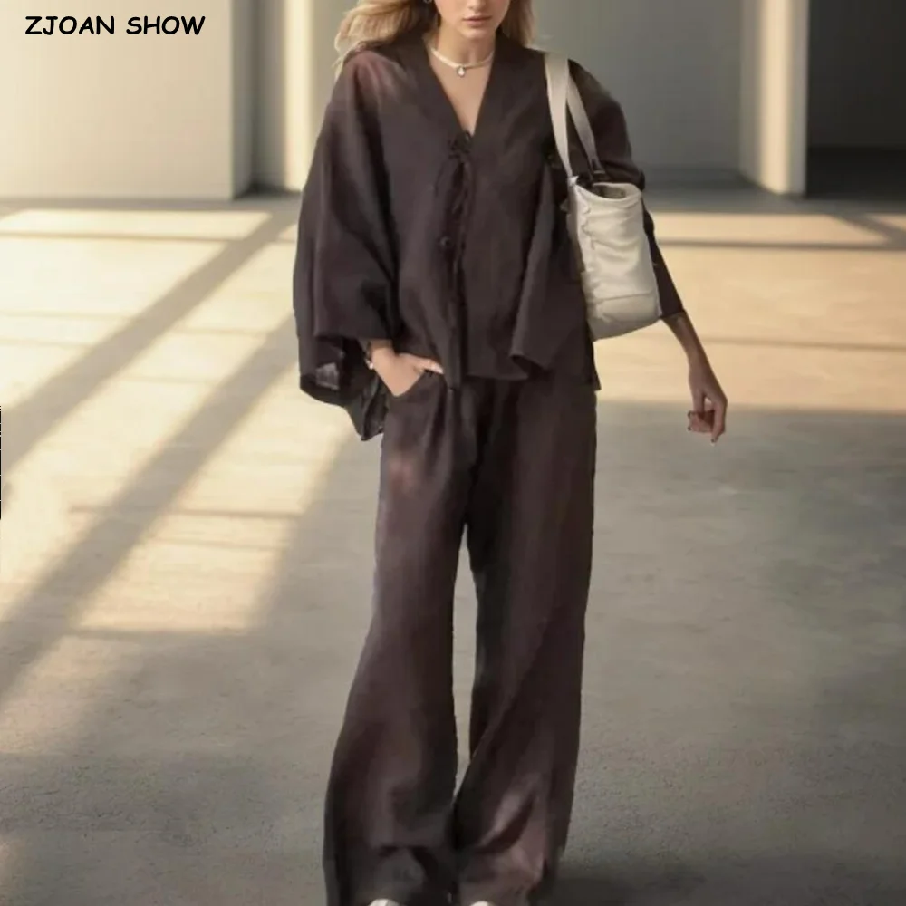 2 шт., 1 комплект, осенняя праздничная рубашка с бантом на шнуровке, свободная рубашка с длинными рукавами + широкие прямые брюки с высокой талией, брючные костюмы 
2 шт., 1 комплект, осенняя праздничная рубашка с бантом на шнуровке, свободная рубашка с длинными рукавами + широкие прямые брюки с высокой талией, брючные костюмы