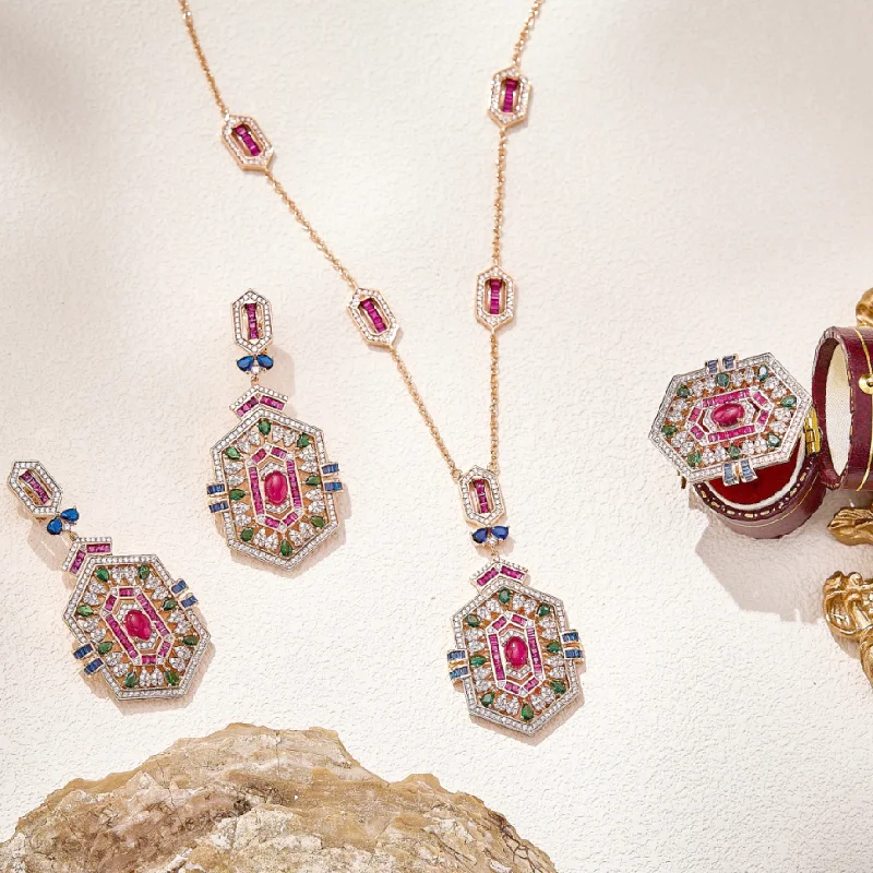 Europe America Ring Earrings Bracelet Necklace Inlay Cubic Zircon Synthetic Ruby Rhombus Tassels Pendant Party Jewelry Sets
Europe America Ring Earrings Bracelet Necklace Inlay Cubic Zircon Synthetic Ruby Rhombus Tassels Pendant Party Jewelry Sets