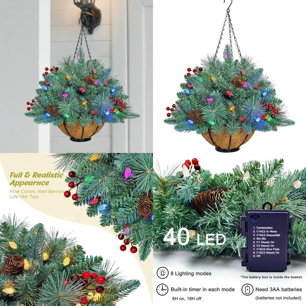 Искусственная рождественская подвесная корзина из синей ели с предварительной подсветкой и красными ягодами, сосновыми шишками, 40 светодиодных двухцветных фонарей, функция таймера
Искусственная рождественская подвесная корзина из синей ели с предварительной подсветкой и красными ягодами, сосновыми шишками, 40 светодиодных двухцветных фонарей, функция таймера