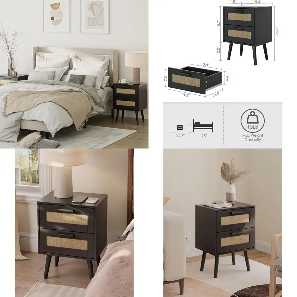 Contemporary Boho 2-Drawer Nightstand, Compact Side Table for Bedroom, Living Room, Office in Black
Contemporary Boho 2-Drawer Nightstand, Compact Side Table for Bedroom, Living Room, Office in Black