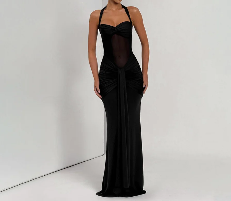 Women's Dress New Sexy Style Solid Color Low Cut V-Neck See Through Mesh Splicing Pleated Lace Up Hip Hugging Neck Hanging Dress
Women's Dress New Sexy Style Solid Color Low Cut V-Neck See Through Mesh Splicing Pleated Lace Up Hip Hugging Neck Hanging Dress