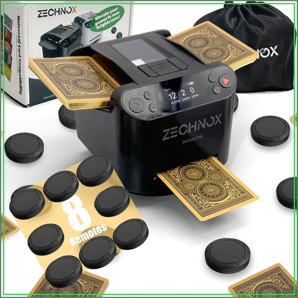 3-in-1 Automatic Card Shuffler and Dealer, Programmable, 2 Deck, 360° Rotation, Ultra Quiet, Rechargeable, Supports 12 Players with 8 Remotes & Carry Bag
3-in-1 Automatic Card Shuffler and Dealer, Programmable, 2 Deck, 360° Rotation, Ultra Quiet, Rechargeable, Supports 12 Players with 8 Remotes & Carry Bag