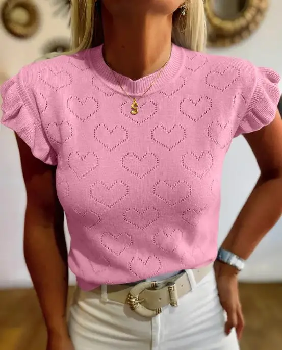 2026 Summer Elegant New Fashion Casual Allover Hollow-Out Heart Pattern Round Neck Ruffles Short Sleeve Knit Top
2026 Summer Elegant New Fashion Casual Allover Hollow-Out Heart Pattern Round Neck Ruffles Short Sleeve Knit Top
