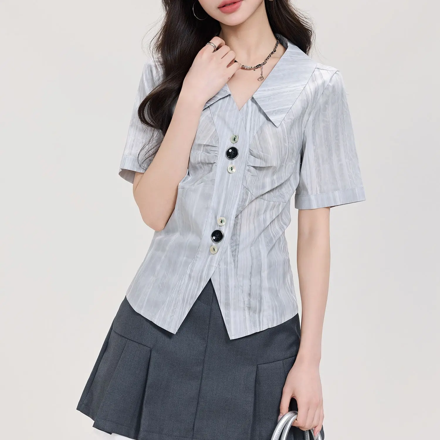 Office Lady French Elegant Shirring Single Breasted Design Shirt Women Waisted Lace-up Polo Neck Shirt Summer Premium Top
Office Lady French Elegant Shirring Single Breasted Design Shirt Women Waisted Lace-up Polo Neck Shirt Summer Premium Top