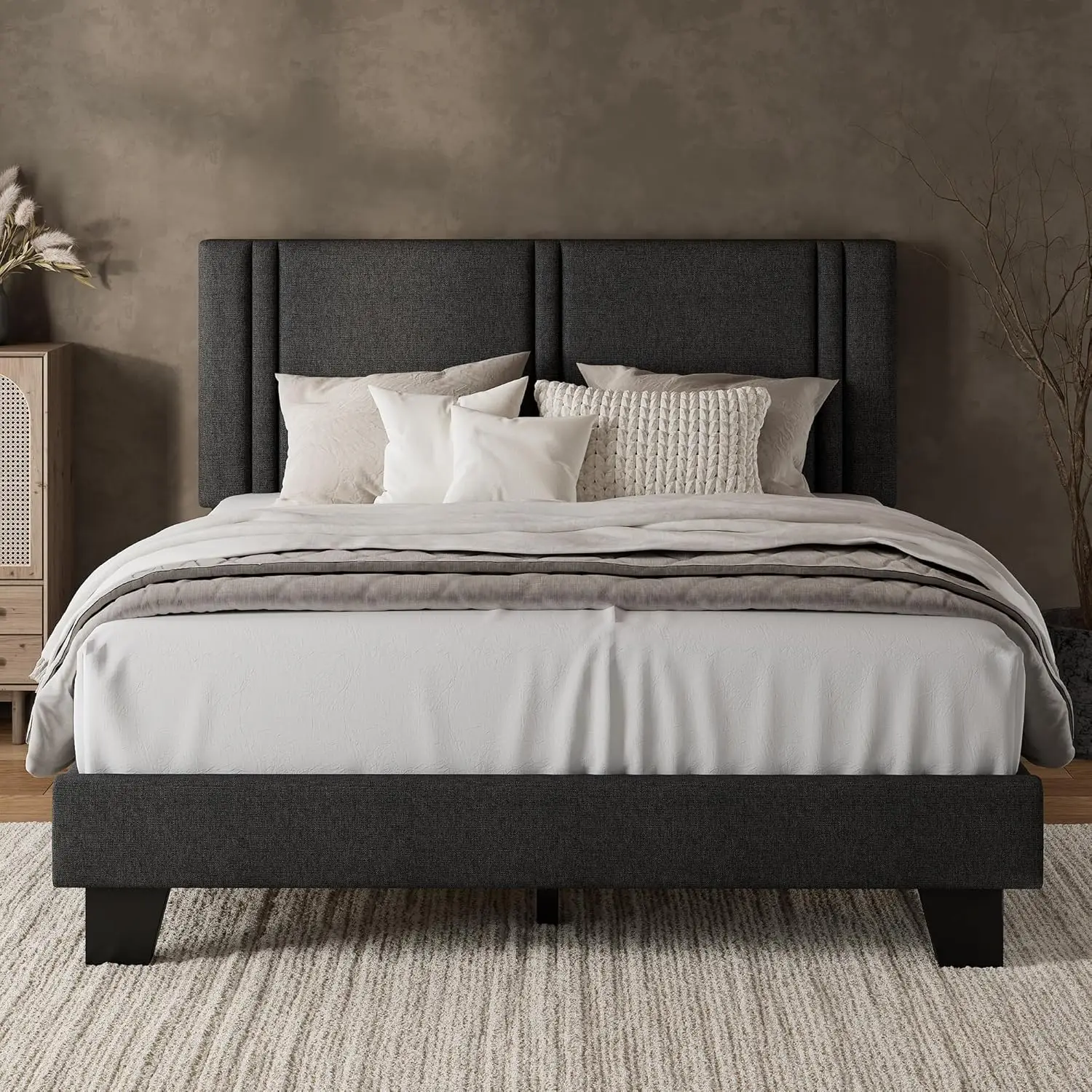 Full Platform Bed Frame with Fabric Upholstered Headboard & Thickened Legs, Mattress Foundation with Solid Wooden Slats
Full Platform Bed Frame with Fabric Upholstered Headboard & Thickened Legs, Mattress Foundation with Solid Wooden Slats