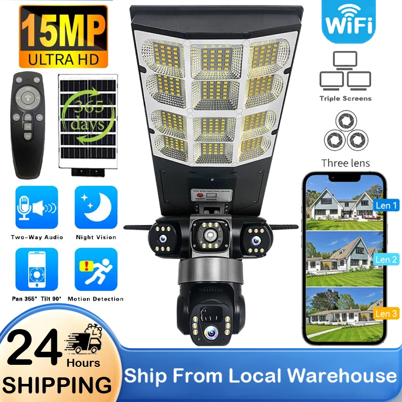 V380 Triple Lens Solar Camera Outdoor Wireless WiFi Battery Powered Home Surveillance Night Vision Security System Monitoring