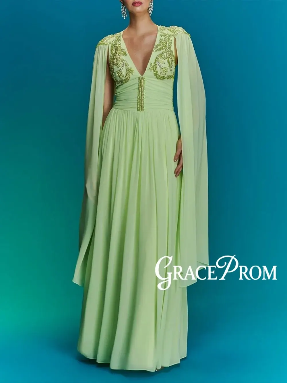 GRACEPROM Lime Green Beaded Cape Sleeve Chiffon Evening Gown Sexy V Neckline Customized Prom Dress Pleated Classic Mother Wear
GRACEPROM Lime Green Beaded Cape Sleeve Chiffon Evening Gown Sexy V Neckline Customized Prom Dress Pleated Classic Mother Wear