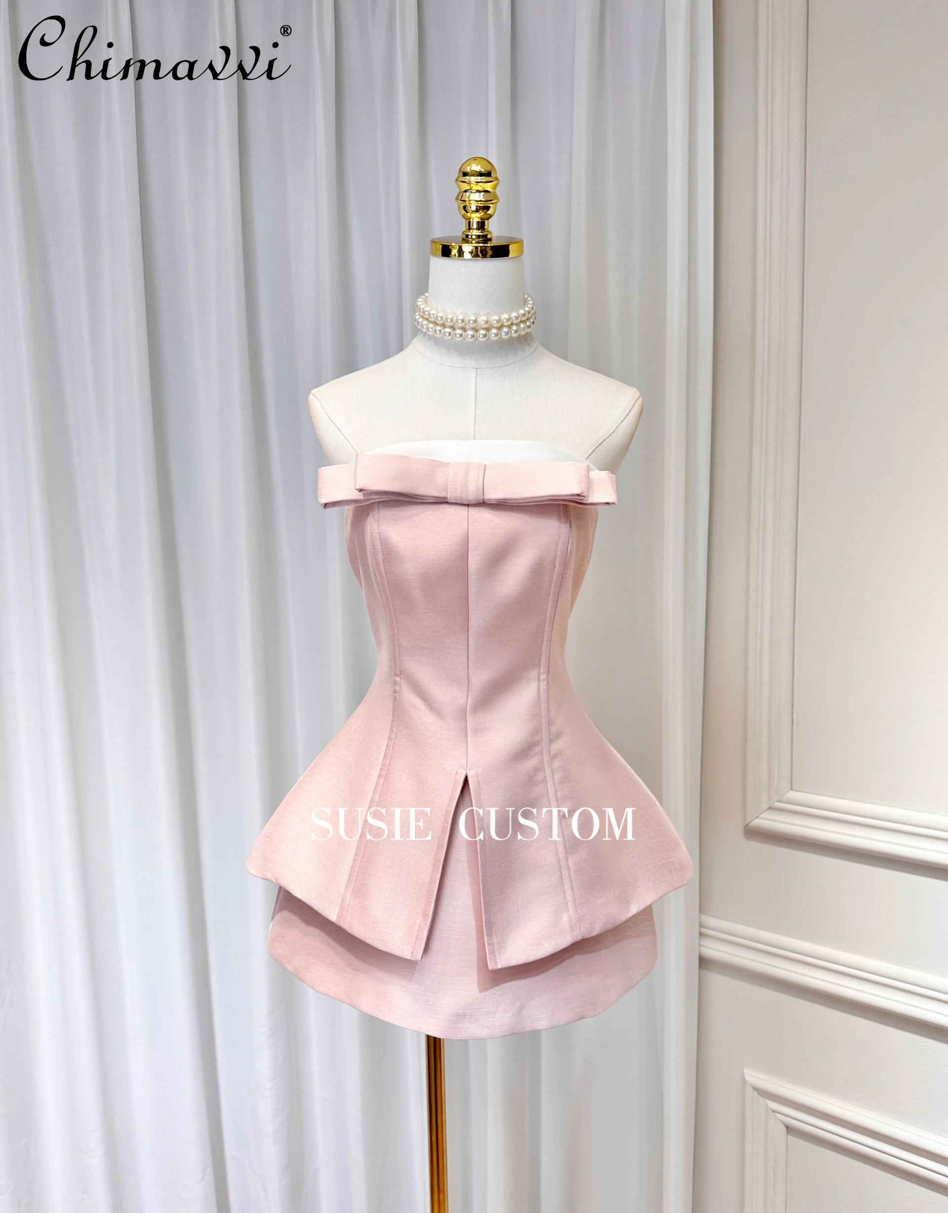 Pink White Contrasting Color Bow Fishbone Split Sleeveless Strapless Tube Top High Waist A- line Skirt Two-Piece Sets for Women
Pink White Contrasting Color Bow Fishbone Split Sleeveless Strapless Tube Top High Waist A- line Skirt Two-Piece Sets for Women
