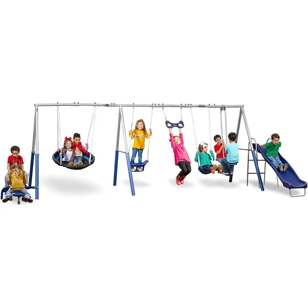 un All Mighty Metal A-e Kids Swing Set with 10 Child acity Outdoor Backyard Home Playground with Slide and 5 Swing Types,
un All Mighty Metal A-e Kids Swing Set with 10 Child acity Outdoor Backyard Home Playground with Slide and 5 Swing Types,
