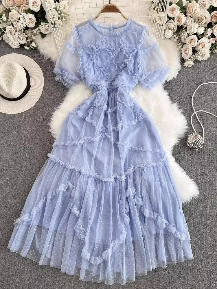 Summer Elegant Dot Lace Dress Women Vintage Puff Sleeve Ruffles Mesh Party Dresses Ladies Slim A-line Long Robe Vestidos 
Summer Elegant Dot Lace Dress Women Vintage Puff Sleeve Ruffles Mesh Party Dresses Ladies Slim A-line Long Robe Vestidos