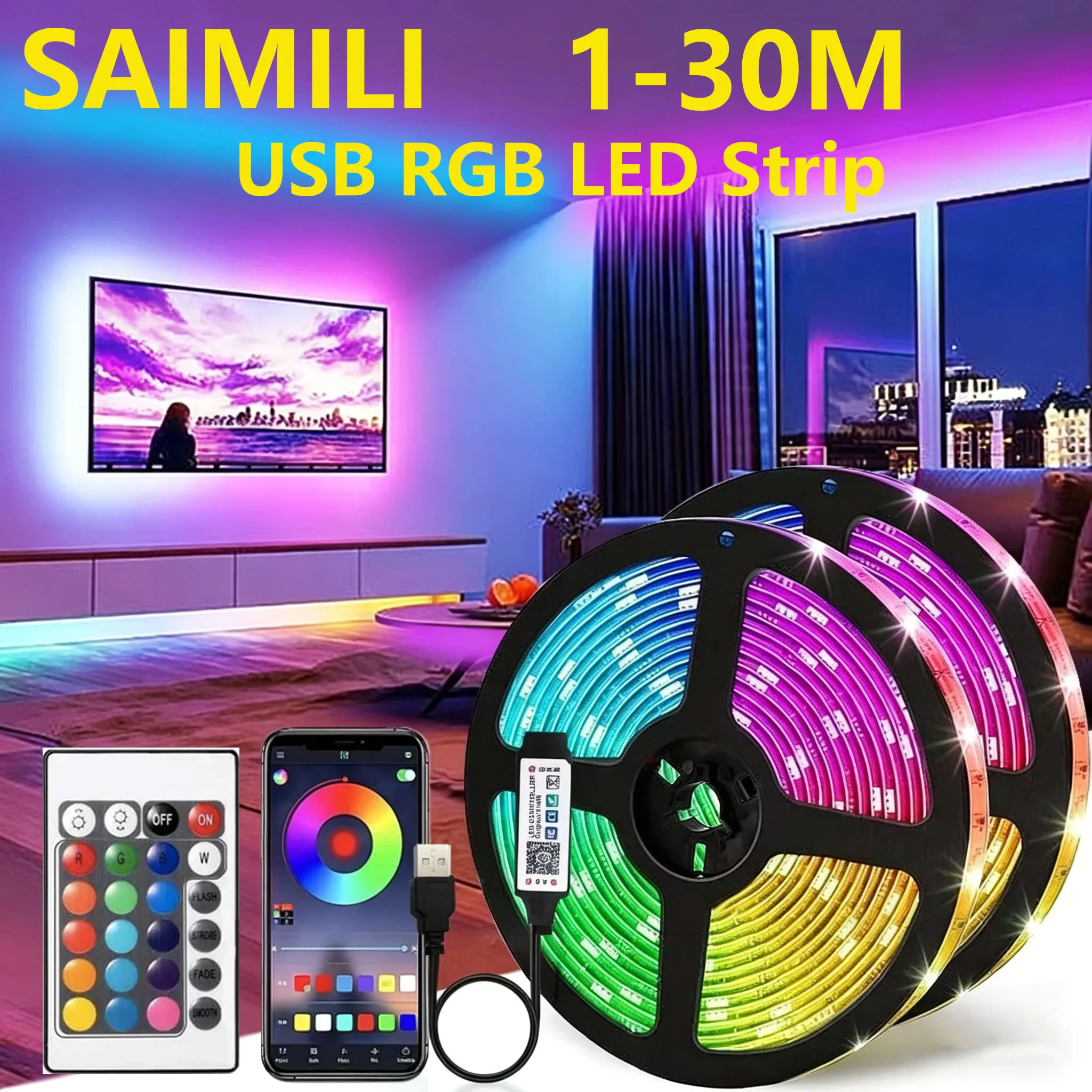 30m RGB LED Strip Lights USB 5V Flexible Ribbon Tape APP & 24-Key Remote Music Sync for Bedroom Decor Holiday Party Decorations
30m RGB LED Strip Lights USB 5V Flexible Ribbon Tape APP & 24-Key Remote Music Sync for Bedroom Decor Holiday Party Decorations