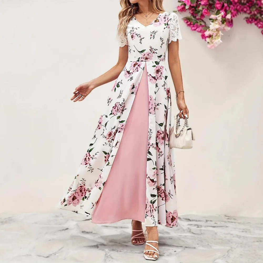 Sexy V-neck Women's Printed Short Sleeved Slit Long Dress Elegant, Casual and Comfortable Pink and White Long Skirt
Sexy V-neck Women's Printed Short Sleeved Slit Long Dress Elegant, Casual and Comfortable Pink and White Long Skirt