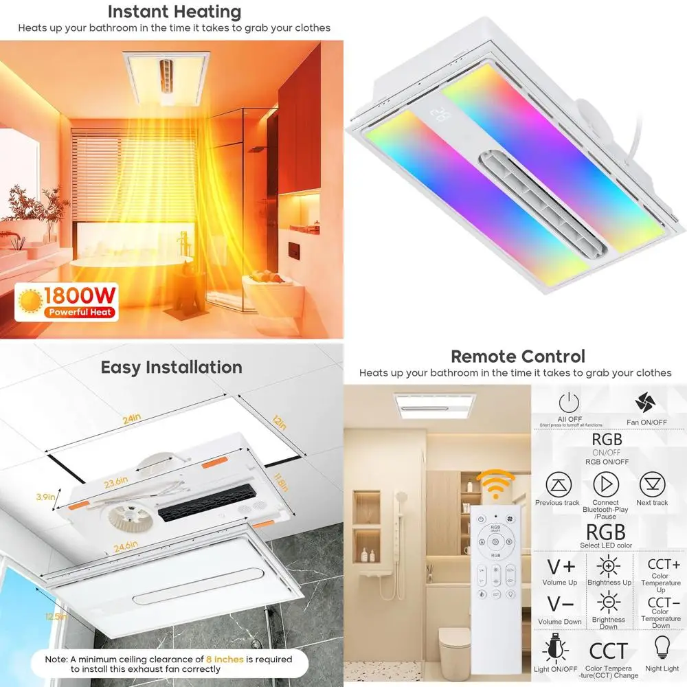 5-in-1 Bathroom Light, Heater, Ventilation System - 230V, Quiet Exhaust, 1.0 Sone, White + 7RGB
5-in-1 Bathroom Light, Heater, Ventilation System - 230V, Quiet Exhaust, 1.0 Sone, White + 7RGB