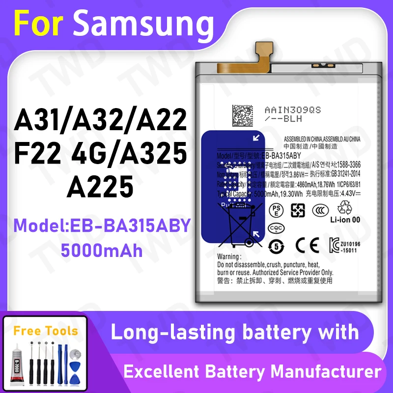 100% New 5000mAh EB-BA315ABY Battery For Samsung Galaxy A31/A32/A22/F22 4G Replacement Bateria+Free Tools
100% New 5000mAh EB-BA315ABY Battery For Samsung Galaxy A31/A32/A22/F22 4G Replacement Bateria+Free Tools