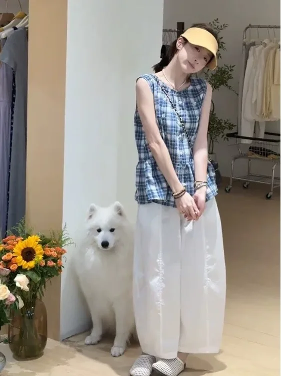 Fashionable Embroidered Plaid Sleeveless Large Size Casual Top And Knife-pleated Pants Set for plus Size Women Summer Wear
Fashionable Embroidered Plaid Sleeveless Large Size Casual Top And Knife-pleated Pants Set for plus Size Women Summer Wear
