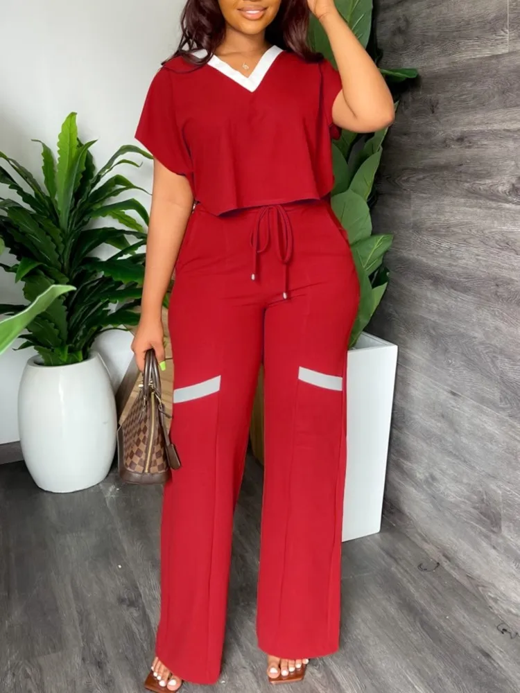 Summer Women's Simple Solid Color Casual Trousers Set Short-sleeved V-neck Drawstring Straight Trousers Commuting Two-piece Sets
Summer Women's Simple Solid Color Casual Trousers Set Short-sleeved V-neck Drawstring Straight Trousers Commuting Two-piece Sets