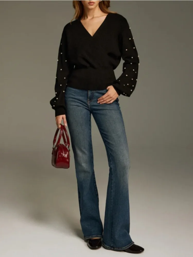 Bonboho Women's Black Knit Sweater Deep V-Neck Puff Sleeves Pearl Embellished Elegant Casual Top Spring Fashion Pullovers
Bonboho Women's Black Knit Sweater Deep V-Neck Puff Sleeves Pearl Embellished Elegant Casual Top Spring Fashion Pullovers