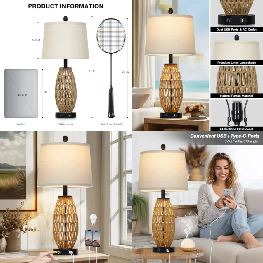 27" Boho Table Lamp with Night Light, Wicker Bedside Lamp with USB A+C Charging Port, Woven Coastal Bedroom Lamps for Nightstan
27" Boho Table Lamp with Night Light, Wicker Bedside Lamp with USB A+C Charging Port, Woven Coastal Bedroom Lamps for Nightstan