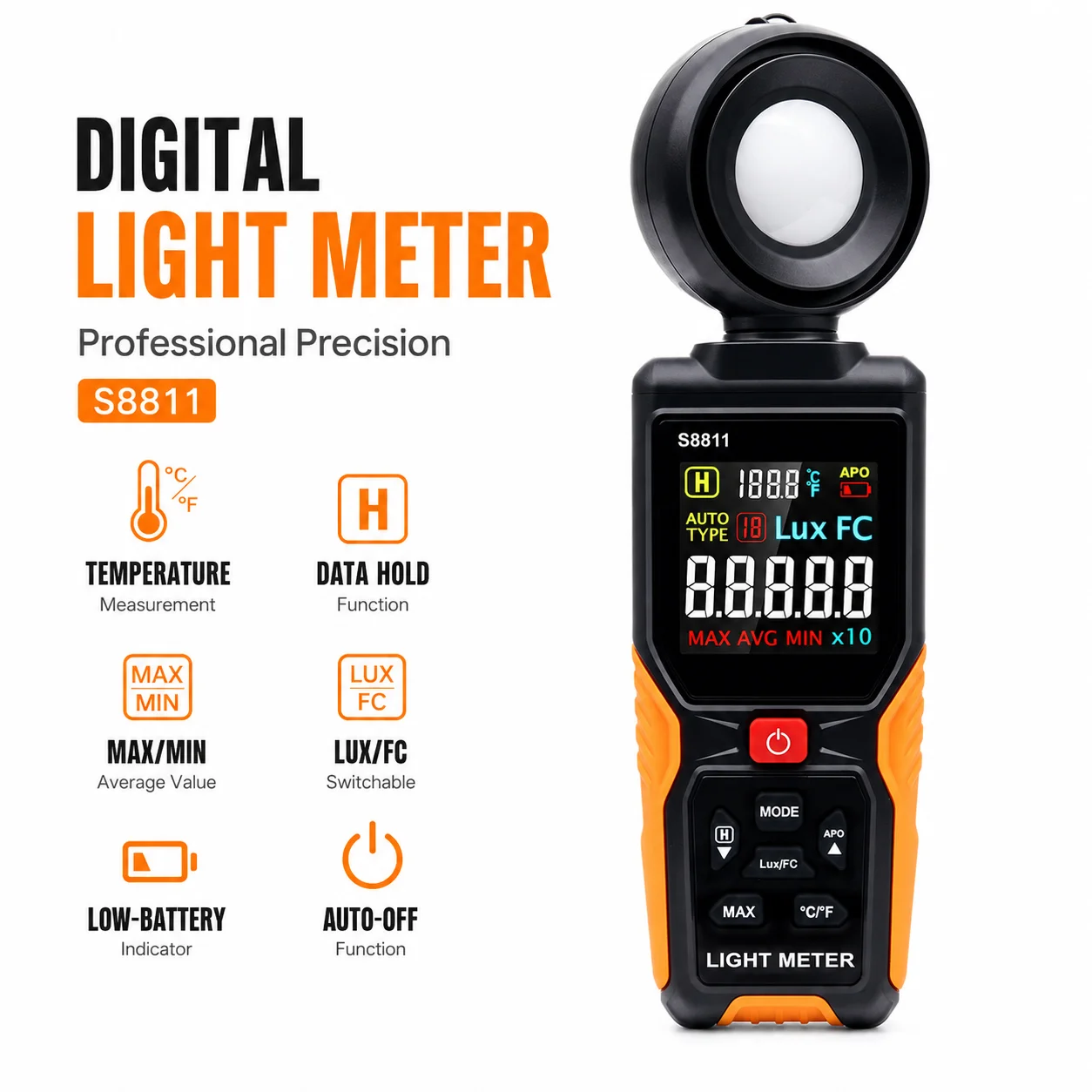 Digital Light Meter 200,000 Lux/Ft-C, 270° Swivel HD Color Screen Luxmeter with 8X/S Fast Sampling – High Precision Illuminance
Digital Light Meter 200,000 Lux/Ft-C, 270° Swivel HD Color Screen Luxmeter with 8X/S Fast Sampling – High Precision Illuminance