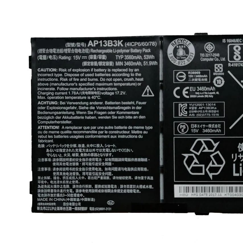 Аккумулятор для ноутбука AP13B3K AP13B8K для Aspire V5-472 V5-472G V5-472P V5-473 V5-473G V5-452 V5-452G V5-552 V5-552G V5-552P 15,2 В/53WH
Аккумулятор для ноутбука AP13B3K AP13B8K для Aspire V5-472 V5-472G V5-472P V5-473 V5-473G V5-452 V5-452G V5-552 V5-552G V5-552P 15,2 В/53WH