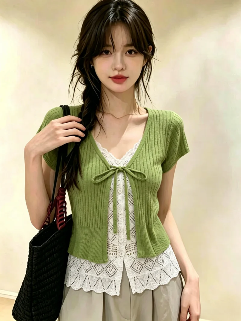 Lace Hollow out V-neck Fake Two-Piece Knitwear Women's Summer New Style Beautiful Age-defying Top Korean Style Slim Fit
Lace Hollow out V-neck Fake Two-Piece Knitwear Women's Summer New Style Beautiful Age-defying Top Korean Style Slim Fit