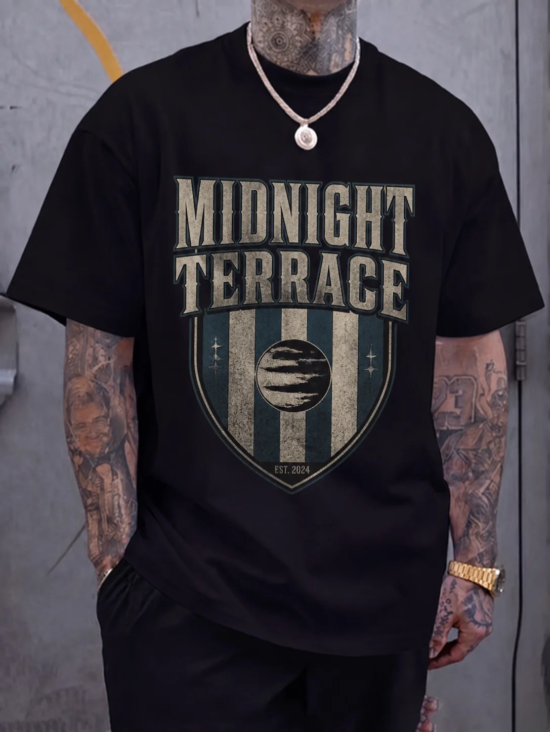 Midnight Terrace Vintage Shield Graphic Tee Retro Crest Printed Tee Distressed Moon Emblem Navy and Beige Vertical Stripes on
Midnight Terrace Vintage Shield Graphic Tee Retro Crest Printed Tee Distressed Moon Emblem Navy and Beige Vertical Stripes on