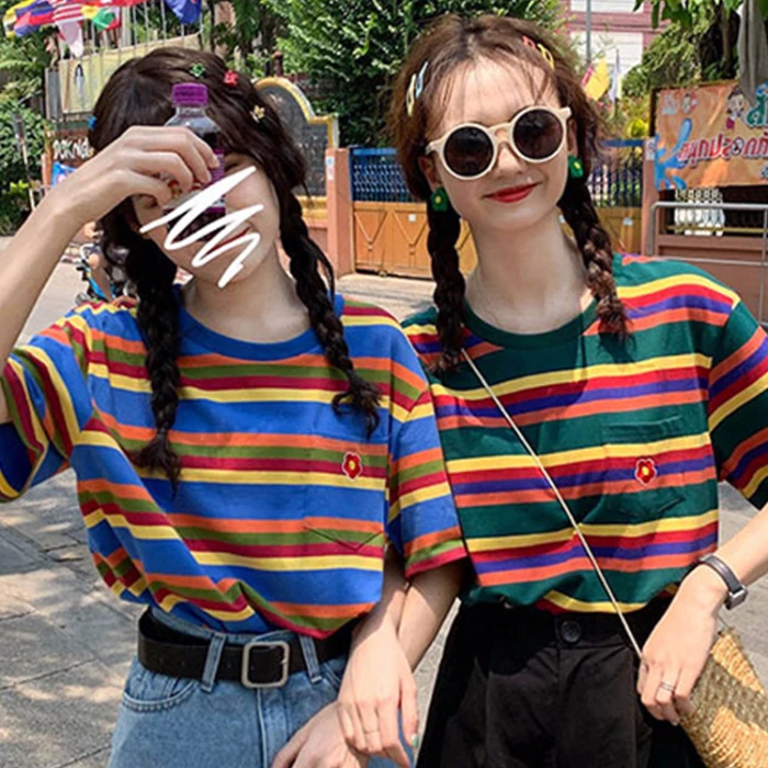 Summer Casual Loose T Shirt Women's Streetwear Harajuku Rainbow stripes Short Sleeve T-shirts for Women Y2k Tops vintage clothes
Summer Casual Loose T Shirt Women's Streetwear Harajuku Rainbow stripes Short Sleeve T-shirts for Women Y2k Tops vintage clothes
