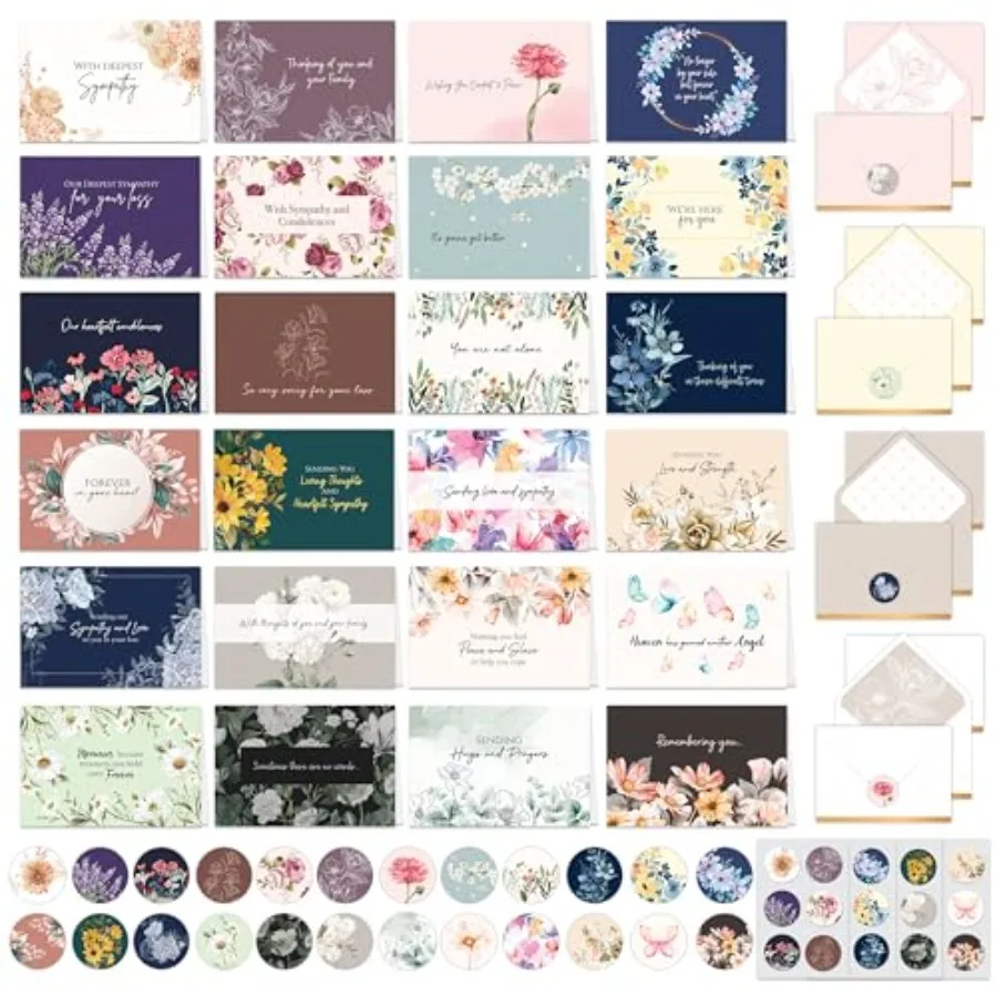 24 Pack 6x4in Assorted Sympathy Cards with Envelopes and Stickers, 24 Folded Floral Designs for Family and Friends, Printed Mes
24 Pack 6x4in Assorted Sympathy Cards with Envelopes and Stickers, 24 Folded Floral Designs for Family and Friends, Printed Mes