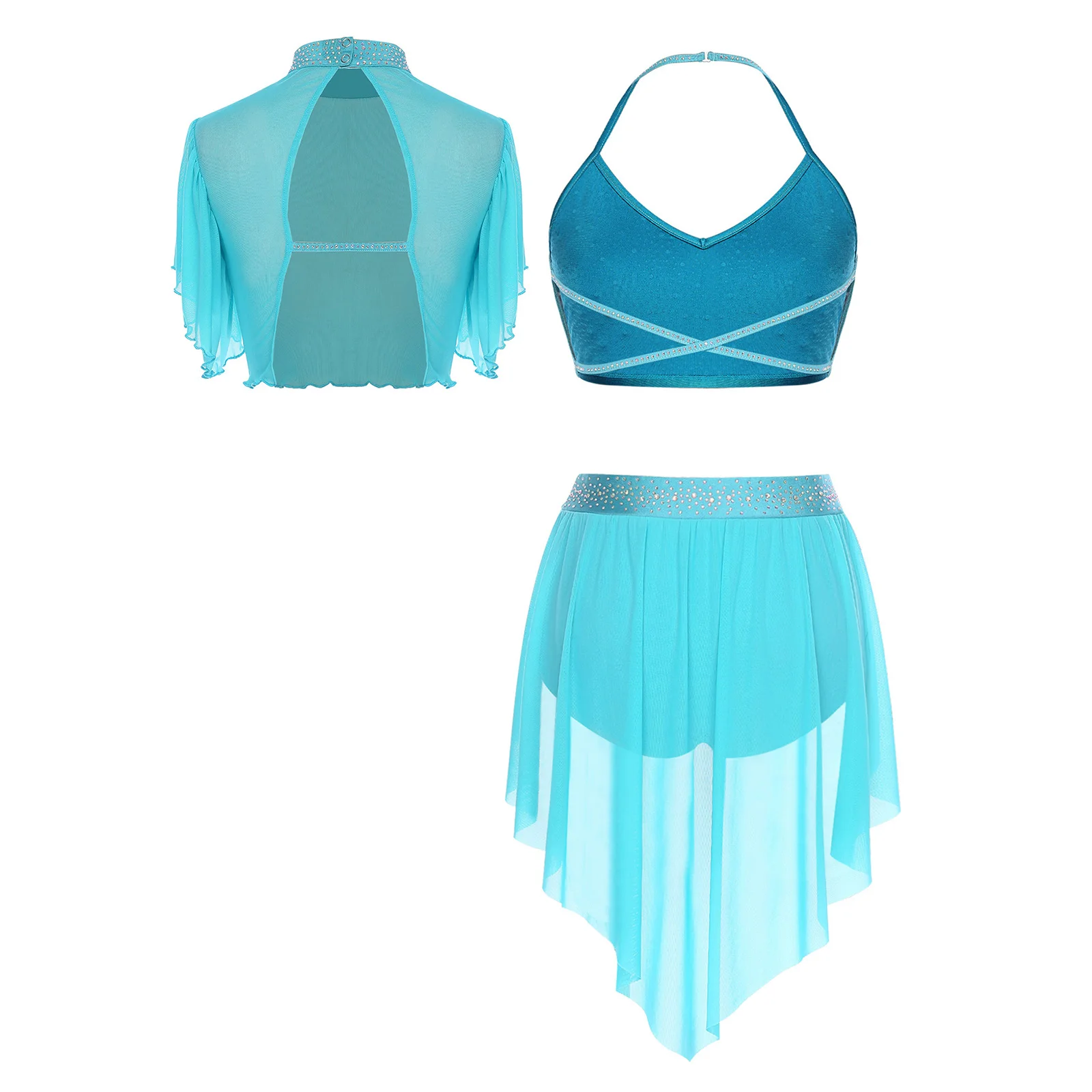 Womens Jazz Lyrical Dance Glitter 3-piece Set Backless Camisole Crop Tops Mesh Cover Up+Irregular Skirt Shorts for Dance Class
Womens Jazz Lyrical Dance Glitter 3-piece Set Backless Camisole Crop Tops Mesh Cover Up+Irregular Skirt Shorts for Dance Class
