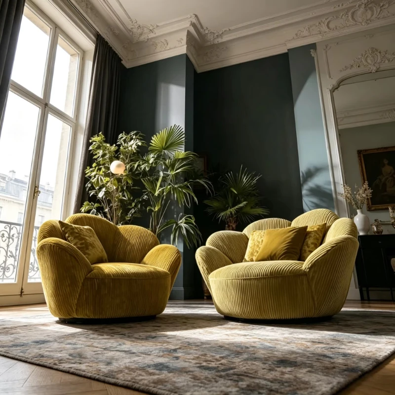 Vintage French yellow mustard corduroy swivel chair, suitable for warm retro and modern home interior decoration
Vintage French yellow mustard corduroy swivel chair, suitable for warm retro and modern home interior decoration
