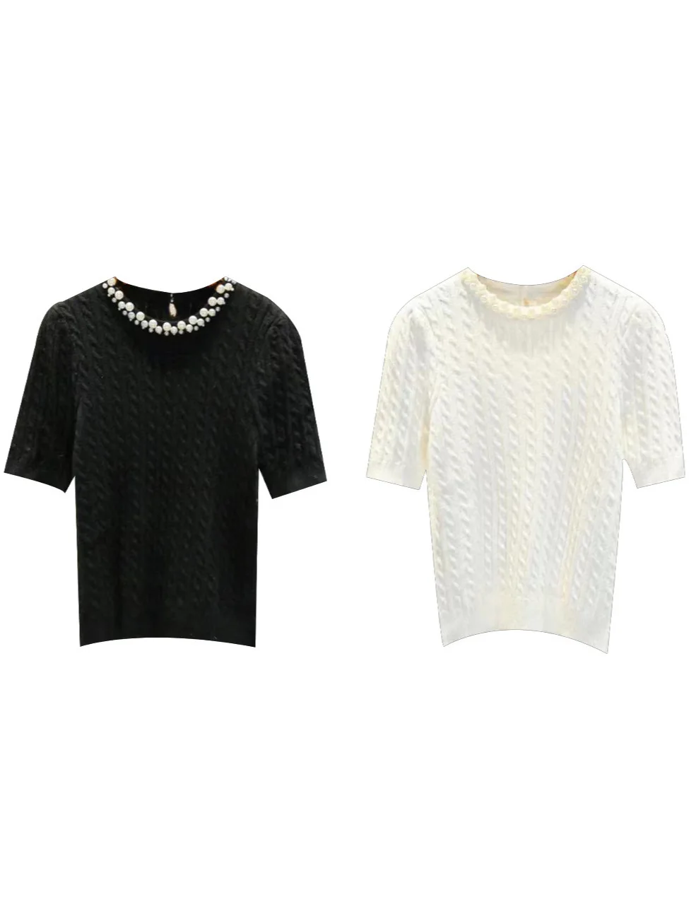 Women's Short Sleev Knitted Sweater With Pearl Decoration Round Neck Fashionable Top Summer New Style
Women's Short Sleev Knitted Sweater With Pearl Decoration Round Neck Fashionable Top Summer New Style