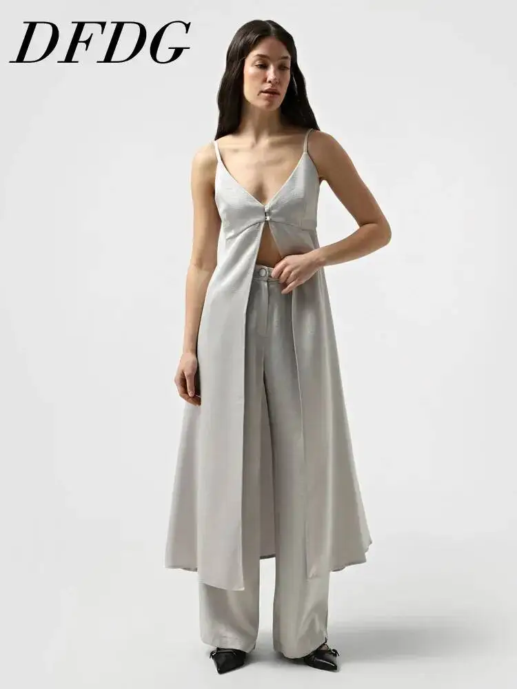 DFDG Women 2026 Spring Summer Two Piece Outfit V Neck Cami Top With Long Overlay High Waist Wide Leg Pants Elegant Casual Set
DFDG Women 2026 Spring Summer Two Piece Outfit V Neck Cami Top With Long Overlay High Waist Wide Leg Pants Elegant Casual Set