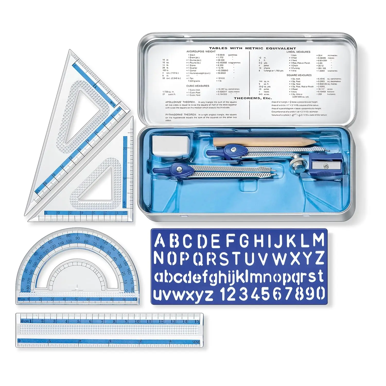 10-Piece Math Set with Metal Compass, 6" Ruler & Triangle Squares, 45° & 30/60° Set Squares, Alphabet Stencil - Measuring Tools
10-Piece Math Set with Metal Compass, 6" Ruler & Triangle Squares, 45° & 30/60° Set Squares, Alphabet Stencil - Measuring Tools