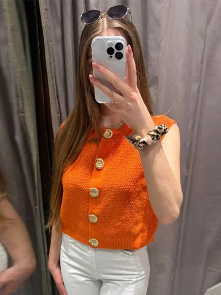 Knitted Single Breasted Orange Tank Top Women O-neck Sleeveless Loose Summer Casual Vest Holiday Street Ladies Waistcoat
Knitted Single Breasted Orange Tank Top Women O-neck Sleeveless Loose Summer Casual Vest Holiday Street Ladies Waistcoat