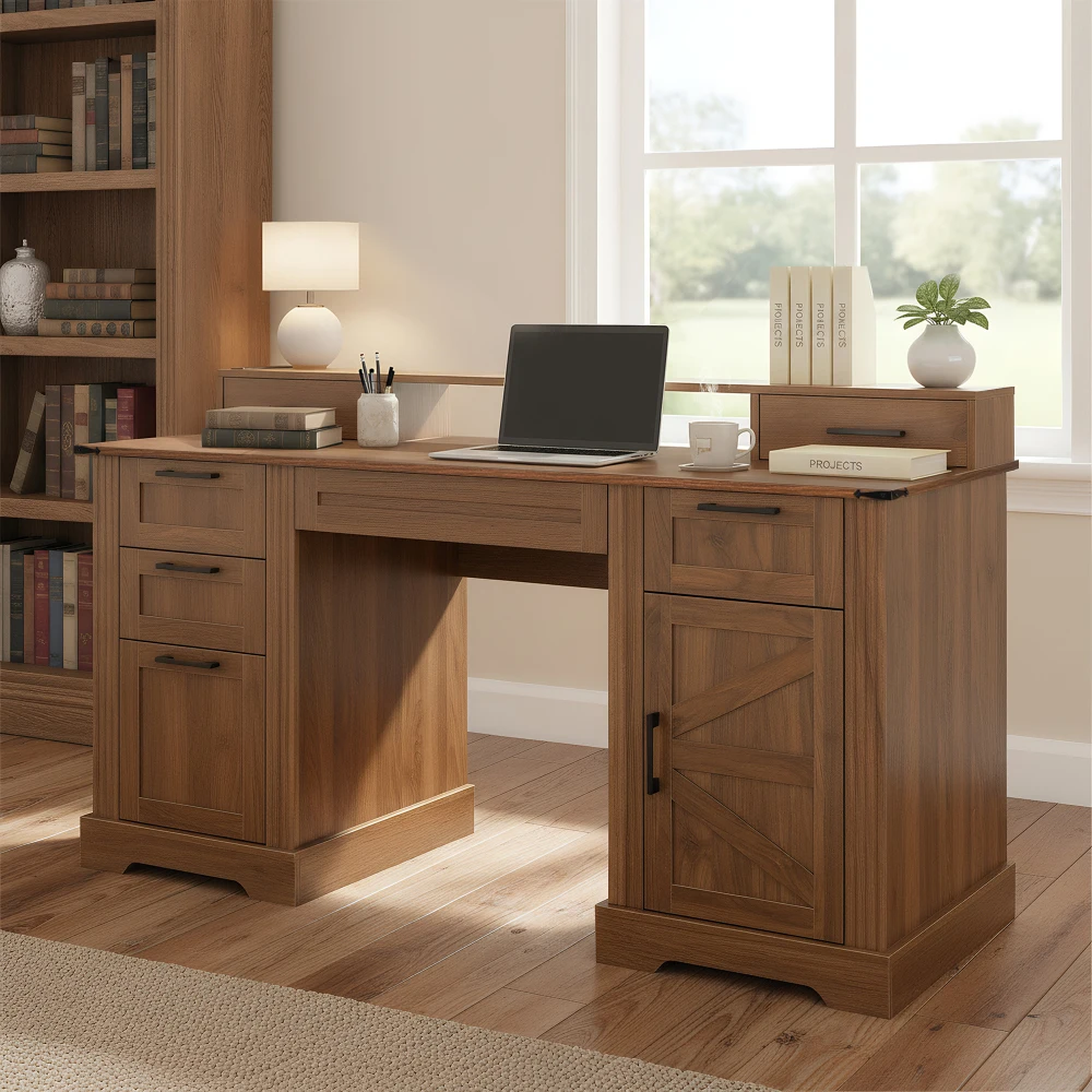 59" Farmhouse Desk: Charging Station & Storage Cabinet, Barn Door, File Drawer, Monitor Stand, Keyboard Tray Dark Walnut
59" Farmhouse Desk: Charging Station & Storage Cabinet, Barn Door, File Drawer, Monitor Stand, Keyboard Tray Dark Walnut