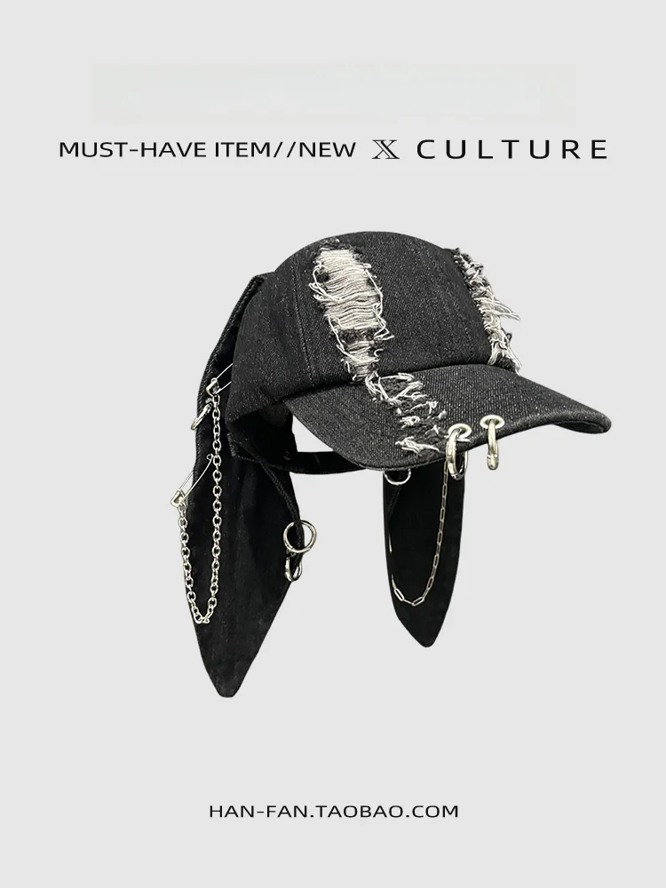 Dark Punk Rabbit Ear Baseball Cap Denim Hole Chain Hip Hop Personality Women's Trendy Streetwear Summer 2024 round Top Bent Brim
Dark Punk Rabbit Ear Baseball Cap Denim Hole Chain Hip Hop Personality Women's Trendy Streetwear Summer 2024 round Top Bent Brim