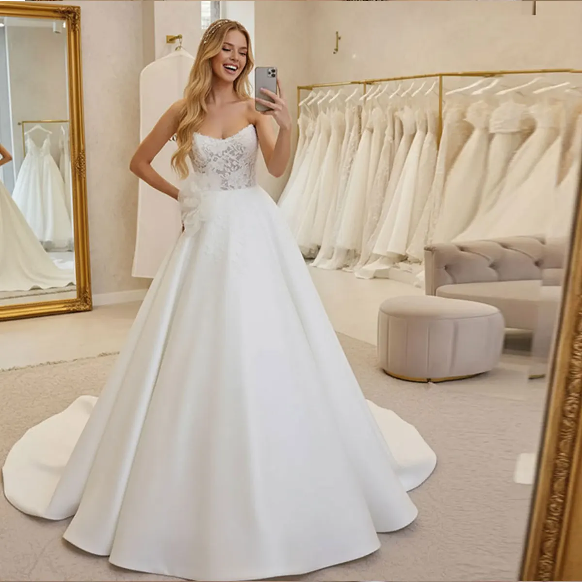 Classic Satin Lace Ball Gown Wedding Dresses For Bride Long A Line Strapless Bridal Gown For Women Vestidos Novia
Classic Satin Lace Ball Gown Wedding Dresses For Bride Long A Line Strapless Bridal Gown For Women Vestidos Novia