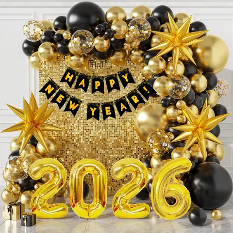 121Pcs 2026 NYE Balloon Arch Kit - Black Gold Balloons & Banner for New Year Party Decorations