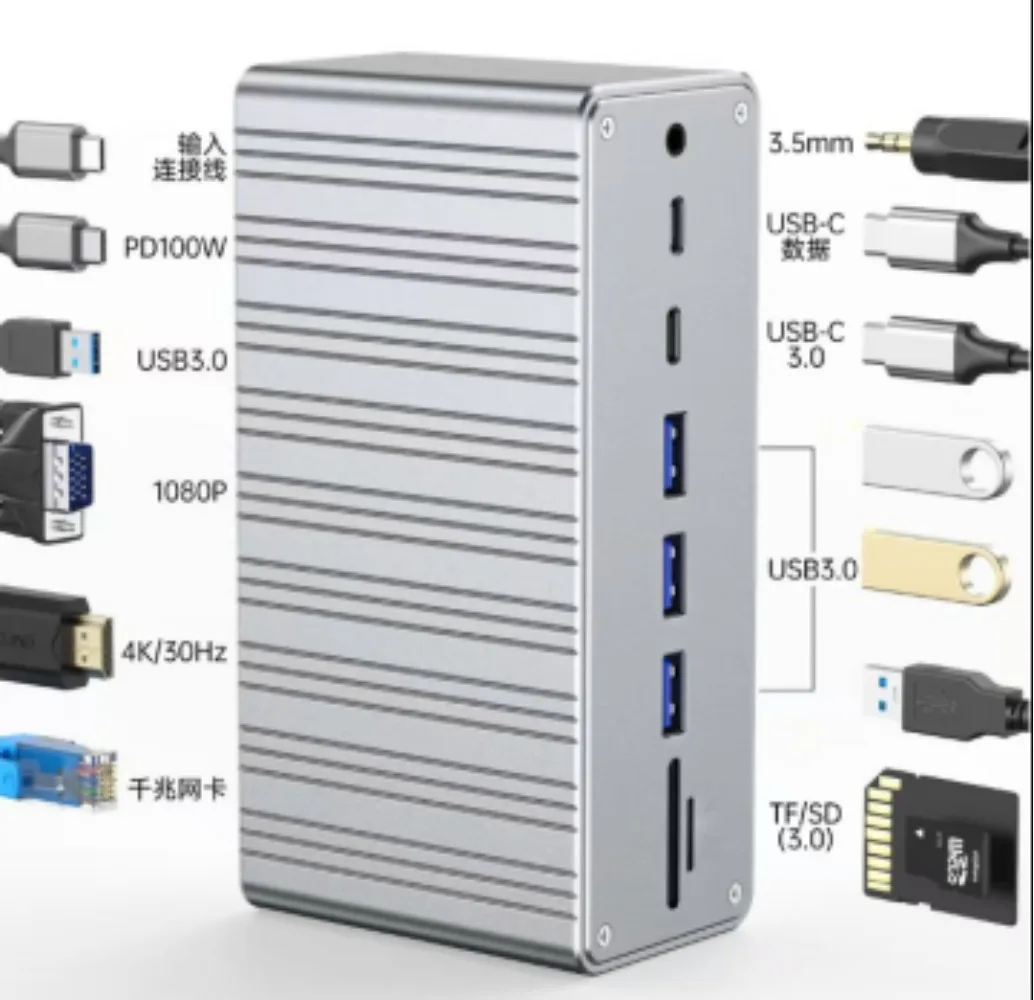 Многофункциональная док-станция USB-C 13-в-1 с поддержкой 4K HDMI, VGA, 100W PD, Gigabit Ethernet, аудиовыходом и кардридером SD/TF для MacBook
Многофункциональная док-станция USB-C 13-в-1 с поддержкой 4K HDMI, VGA, 100W PD, Gigabit Ethernet, аудиовыходом и кардридером SD/TF для MacBook