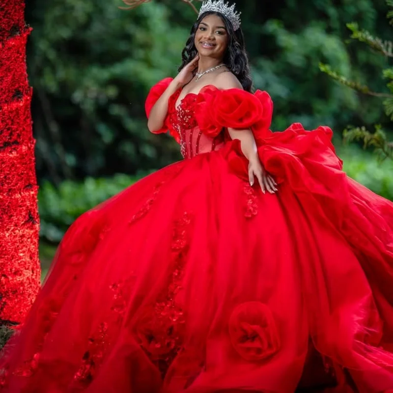 Luxury Red Quinceanera Dress Lace layering Crystal Tull 3D Flower Decal Long tail vestidos de 15 Quinceanera Customized
Luxury Red Quinceanera Dress Lace layering Crystal Tull 3D Flower Decal Long tail vestidos de 15 Quinceanera Customized