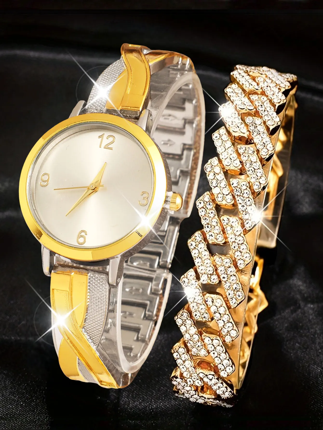 2pcs-Fashion round luxury infinite cross quartz watch bracelet set rhinestone stainless steel strap women's watch
2pcs-Fashion round luxury infinite cross quartz watch bracelet set rhinestone stainless steel strap women's watch