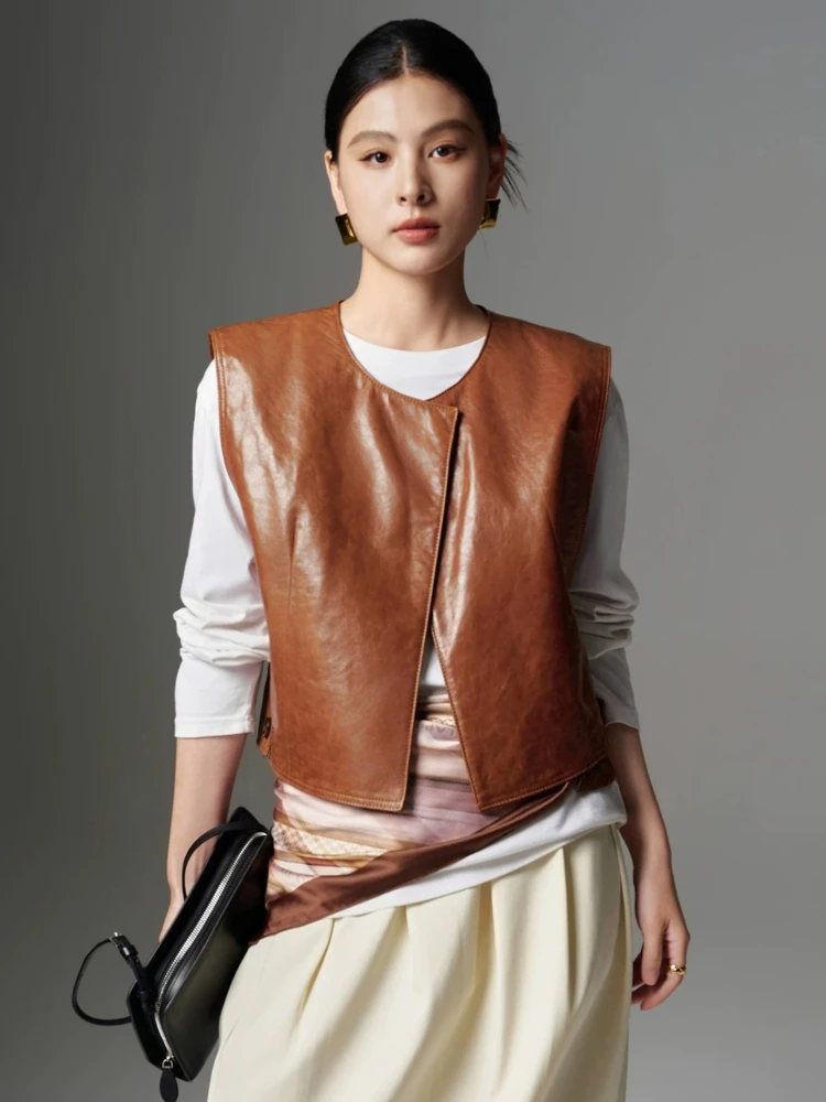 Sleeveless Vest Genuine Leather Jackets for Women Simple Retro O-neck Loose Soft Oil Wax Short Real Sheepskin Leather Coat
Sleeveless Vest Genuine Leather Jackets for Women Simple Retro O-neck Loose Soft Oil Wax Short Real Sheepskin Leather Coat