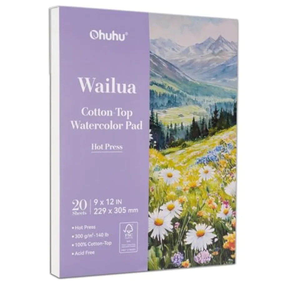 Cotton-Top Watercolor Paper Pad, 9"x12", 140 lb/300 GSM Heavyweight, 20 Sheets/40 Pages Patented Cotton-Coated Surface for Wate
Cotton-Top Watercolor Paper Pad, 9"x12", 140 lb/300 GSM Heavyweight, 20 Sheets/40 Pages Patented Cotton-Coated Surface for Wate