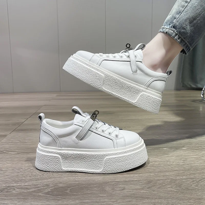 White Leather Platform Sneakers For Women With Metal Buckle Strap Lace Up Design Round Toe Non Slip Thick Sole Casual Shoe Trend
White Leather Platform Sneakers For Women With Metal Buckle Strap Lace Up Design Round Toe Non Slip Thick Sole Casual Shoe Trend