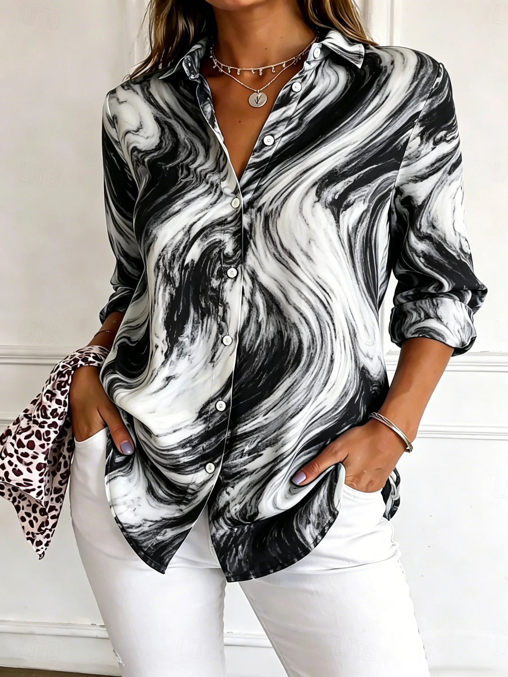 Women's Long Sleeve Marble Print Button Down Casual Shirt Elegant Daily Blouse Tops in Black White for Spring Summer
Women's Long Sleeve Marble Print Button Down Casual Shirt Elegant Daily Blouse Tops in Black White for Spring Summer
