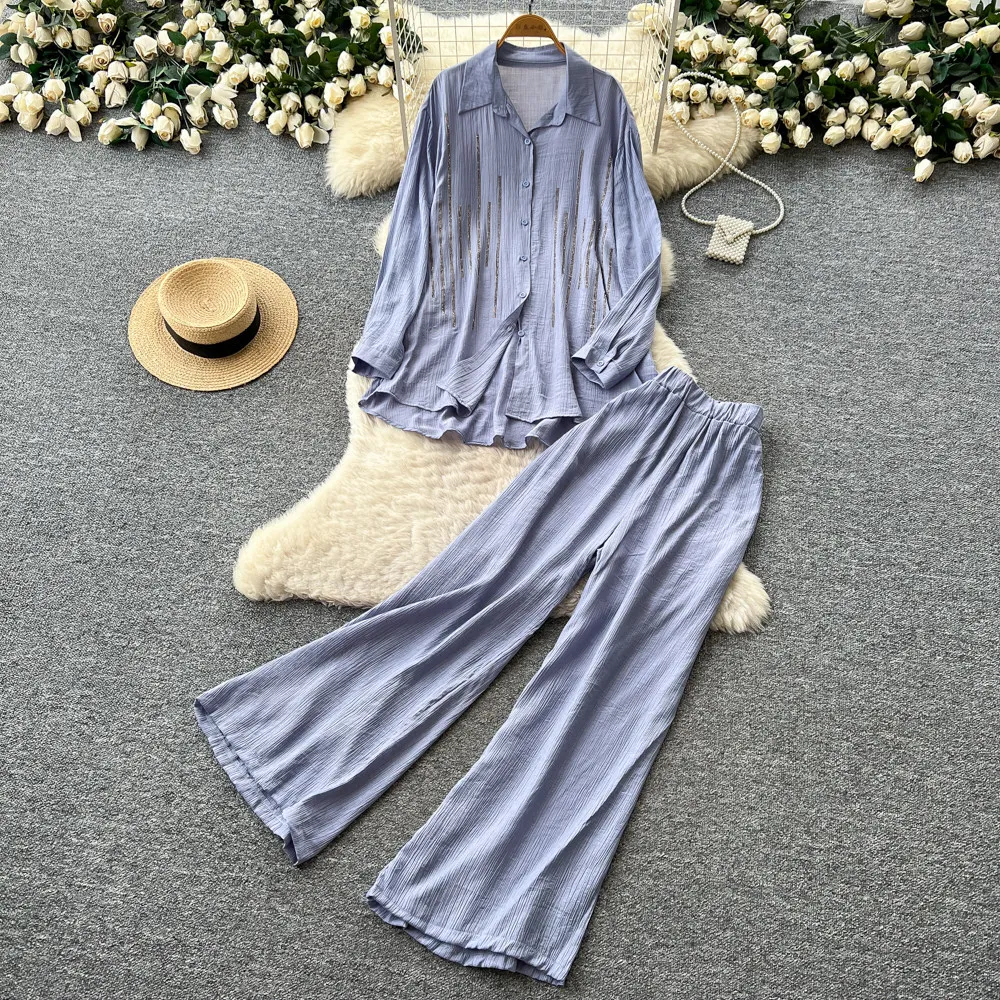 Pant Set Women Two Piece Sets Turn Down Collar Full Sleeve Shirt Wide Leg Long Pants Elastic Waist Y2k Streetwear Casual Loose
Pant Set Women Two Piece Sets Turn Down Collar Full Sleeve Shirt Wide Leg Long Pants Elastic Waist Y2k Streetwear Casual Loose
