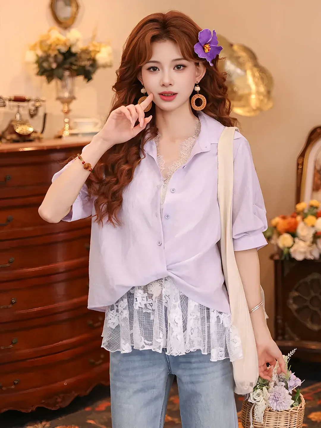plus Size Purple Lace Splice Short Sleeve Shirt Women's Summer New Style Beautiful Top Cleanfit Loose Fabric Flip Collar
plus Size Purple Lace Splice Short Sleeve Shirt Women's Summer New Style Beautiful Top Cleanfit Loose Fabric Flip Collar