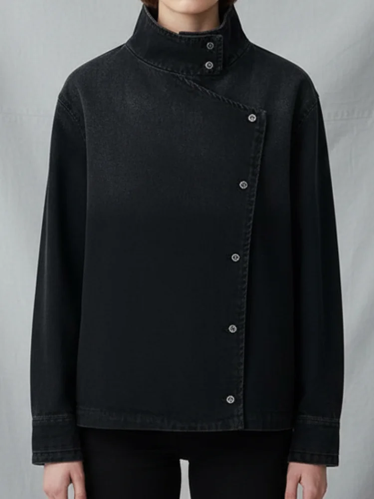 Women Casual Black Slanted Button Denim Jacket Long Sleeve Stand Collar Single Breasted Coat 2026 Lady Spring Autumn Outerwear
Women Casual Black Slanted Button Denim Jacket Long Sleeve Stand Collar Single Breasted Coat 2026 Lady Spring Autumn Outerwear