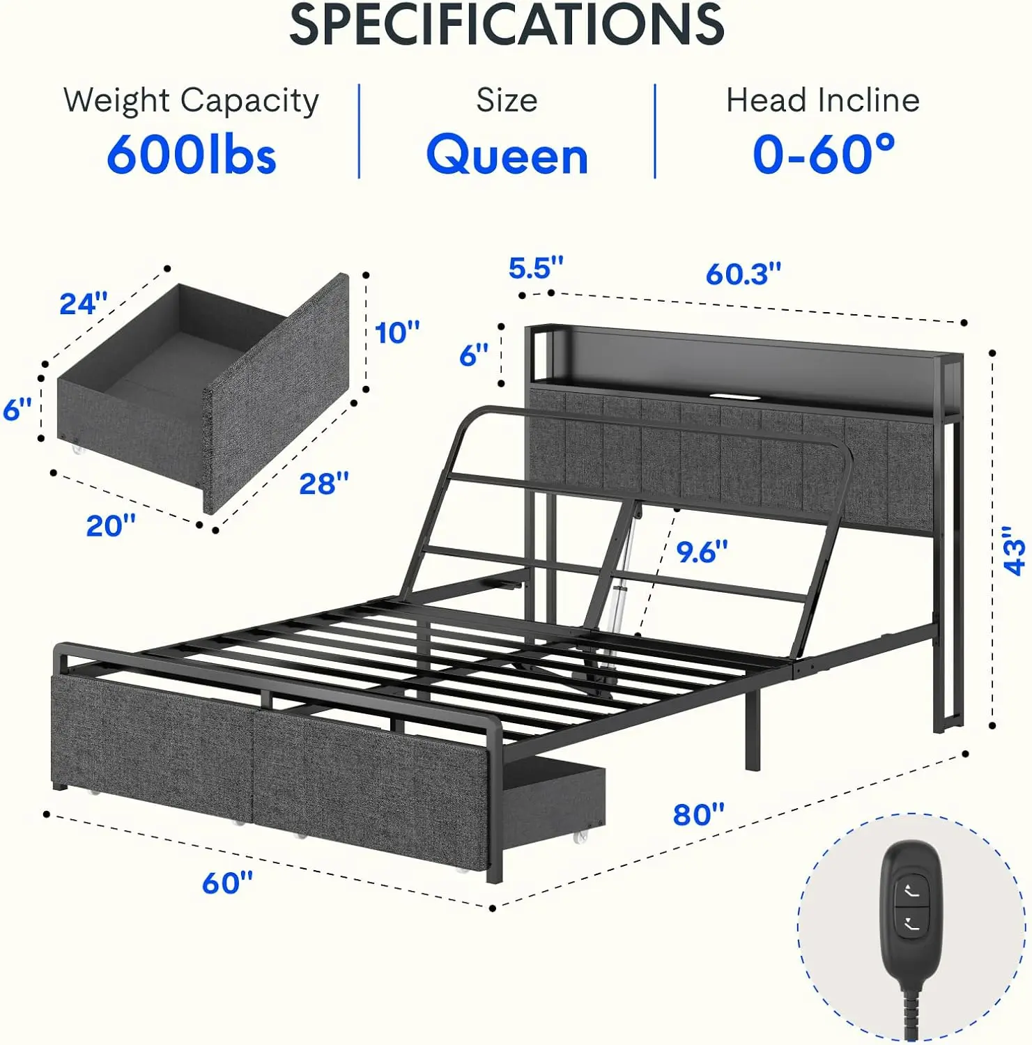 Регулируемая кровать размера «queen-size» с изголовьем для хранения вещей, зарядная станция, наклон головы, светодиодное освещение, ящики для хранения вещей,
Регулируемая кровать размера «queen-size» с изголовьем для хранения вещей, зарядная станция, наклон головы, светодиодное освещение, ящики для хранения вещей,